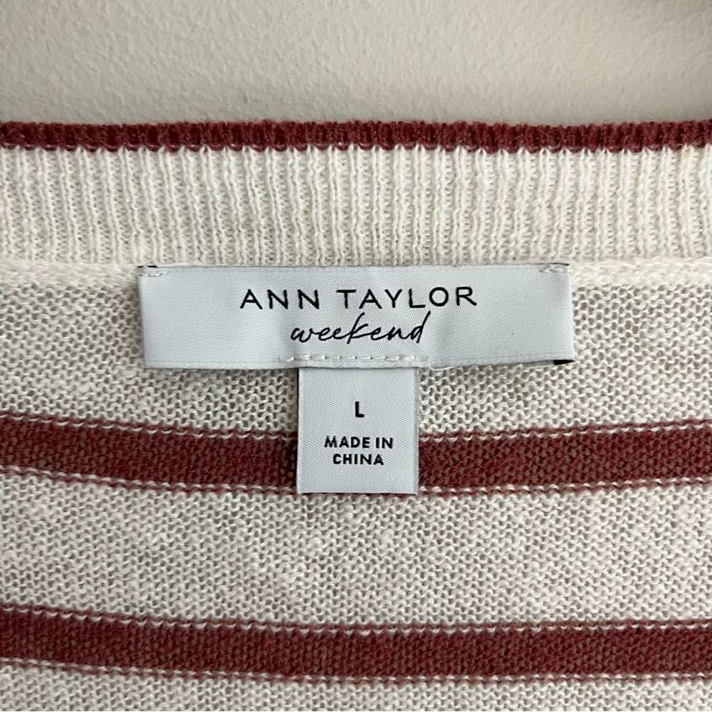 Ann Taylor Weekend Brown and White Striped Cardigan Large - Picture 3 of 7